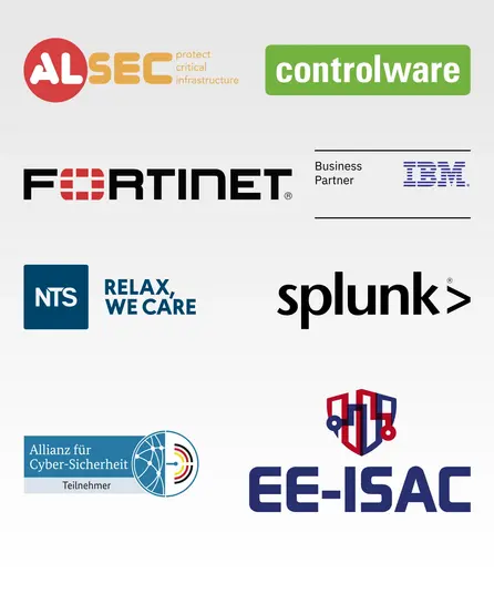 Logos Partners and Memberships (Controlware, Fortinet, ALSCEC, splunk, IBM, NTS, EE-ISAC, Allianz für Cyber-Sicherheit) Logos, Partners and Memberships