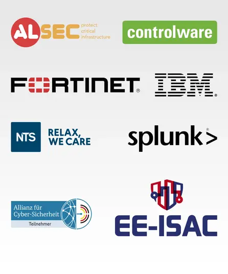 Logos Partners and Memberships (Controlware, Fortinet, ALSCEC, splunk, IBM, NTS, EE-ISAC, Allianz für Cyber-Sicherheit) Logos, Partners and Memberships